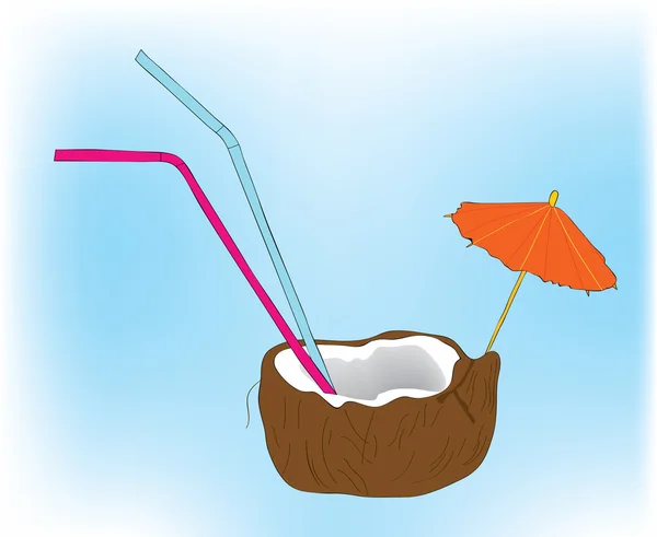 Kokoscocktail mit Tubuli und Regenschirm. — Stockvektor