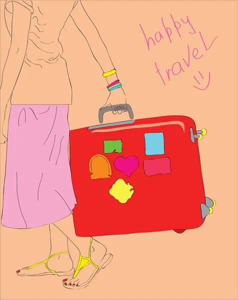 La ragazza con una valigia in viaggio . — Vettoriale Stock