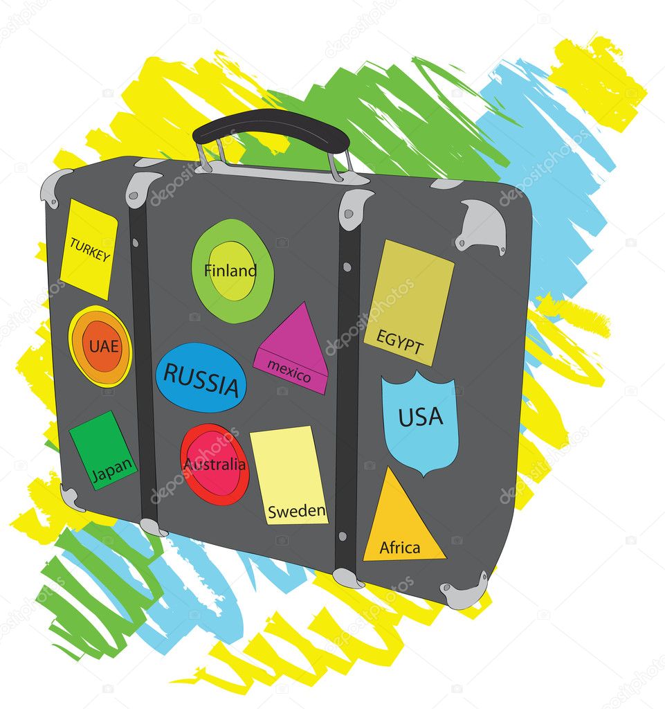 The big black suitcase with labels for travel.