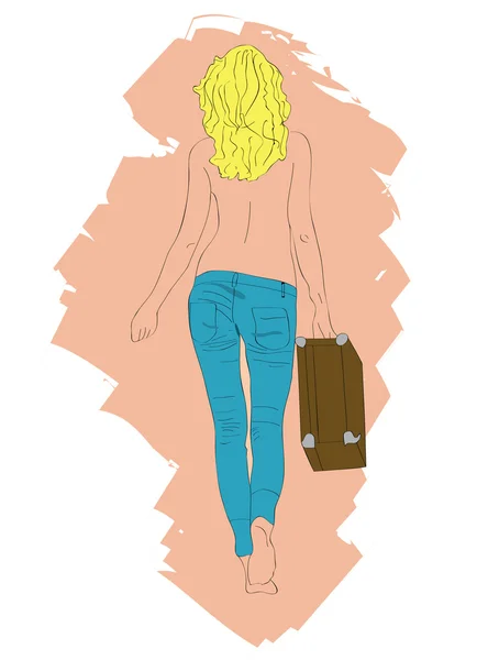 De harmonous blonde in spijkerbroek en met een koffer. — Stockvector