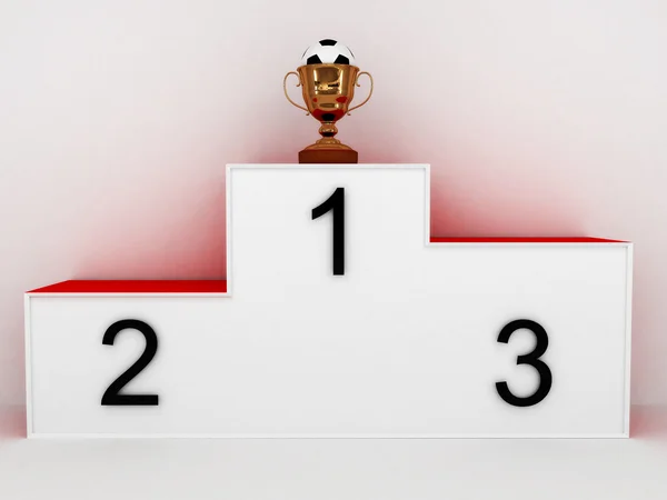 Podium with a soccer ball in the cup on white background. 3D — Stock Photo, Image