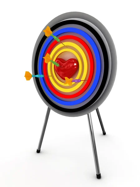 Herz auf einer Zielscheibe mit einem Dartpfeil auf weißem Hintergrund. 3d — Stockfoto