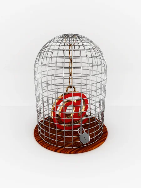 Cage à oiseaux avec panneau isolé sur fond blanc. 3D — Photo