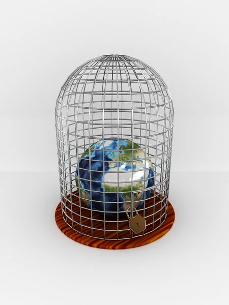 Earth in cage isolated on white background. 3D — Stock Photo, Image