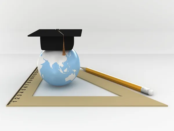 Master's cap för akademiker i Globen med ruller och pensil. — Stockfoto