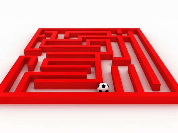 Fußball im Labyrinth isoliert auf weißem Hintergrund. 3d — Stockfoto