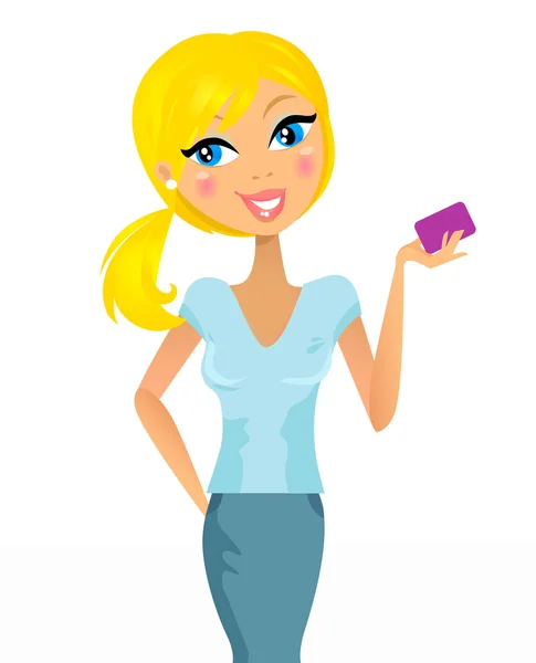 Menina cabelo loiro bonito com cartão de crédito / cliente - isolado em w —  Vetores de Stock