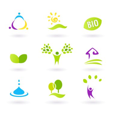 Ecology & nature friendly BIO icons set - green, yellow, clipart