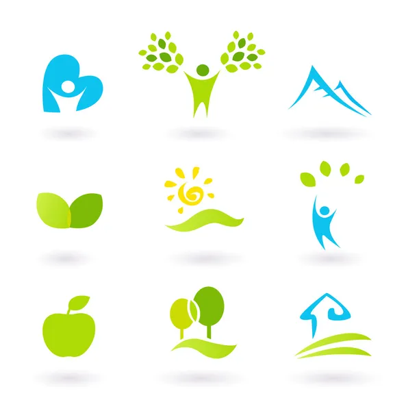 Doğa, manzara ve organik simgeler ve semboller - yeşil — Stok Vektör