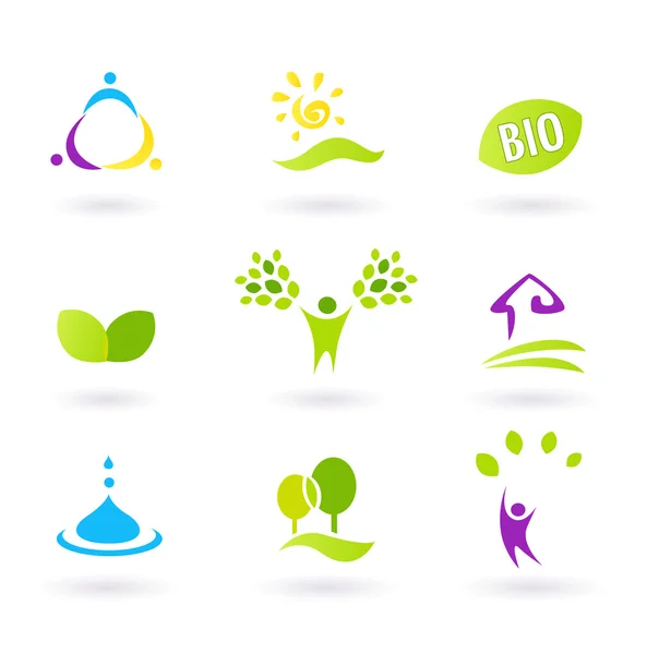 Ekologi & naturen vänlig bio ikoner set - grön, gul, — Stock vektor