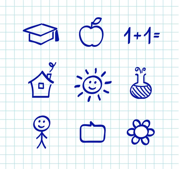 School doodle drawings and icons - isolated on white paper grid — Stock Vector