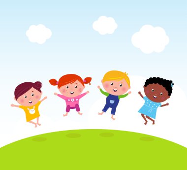 Happy group of multicultural kids jumping on summer meadow clipart