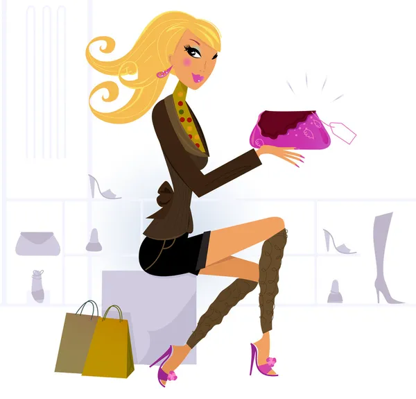 Uložení žena nákup módní doplňky, boty a tašky — Stockový vektor