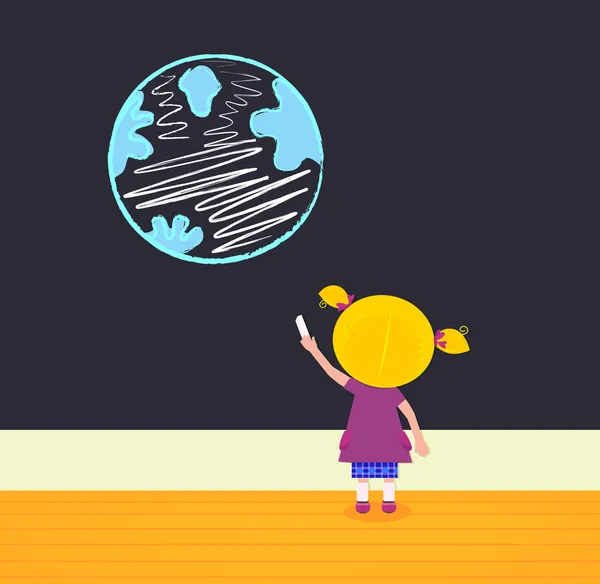 Klein meisje in school schilderij aarde op het zwarte bord — Stockvector