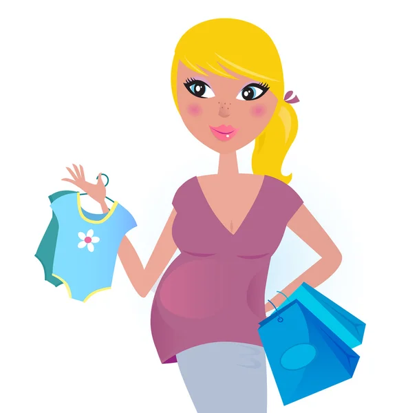 Happy pregnant mother on shopping for baby boy — Stock Vector