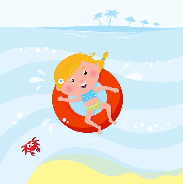 Sevimli gülümseyen kız Denizde yüzme çizimi / pool — Stok Vektör