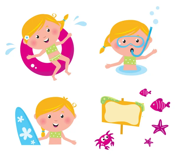 Vector collection summer icons, swimming kids — Stock Vector