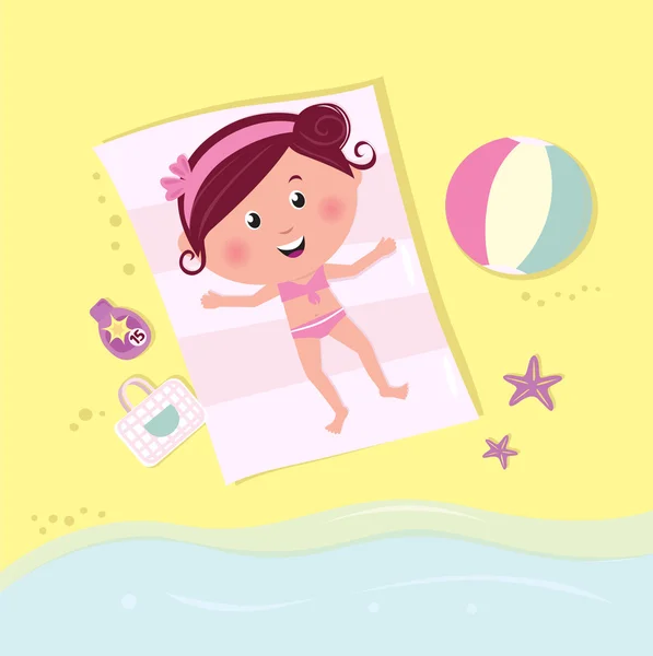 Menina sorridente feliz deitado na praia e banhos de sol —  Vetores de Stock