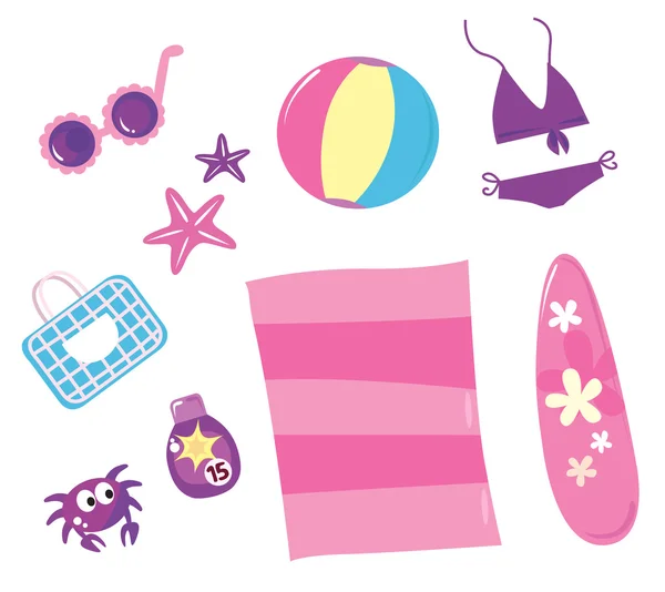 Conjunto de iconos de verano, viajes y playa (rosa) - aislado en blanco — Vector de stock