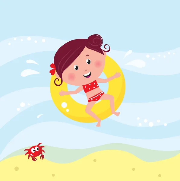 Εικονογράφηση του χαριτωμένο χαμογελαστό κορίτσι κολύμπι στη θάλασσα κοντά στην παραλία — Διανυσματικό Αρχείο