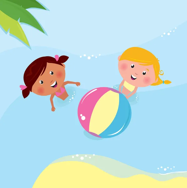 Διακοπές & διακοπές: μικρά κορίτσια που παίζουν με την μπάλα στη θάλασσα — Διανυσματικό Αρχείο