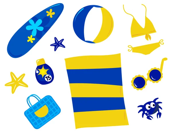Icone e accessori estate e spiaggia - retrò (giallo e blu — Vettoriale Stock