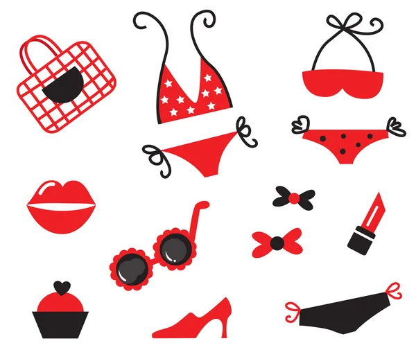 Bikini y sexy colección de artículos de las mujeres - rojo y negro (vector  ) — Archivo Imágenes Vectoriales