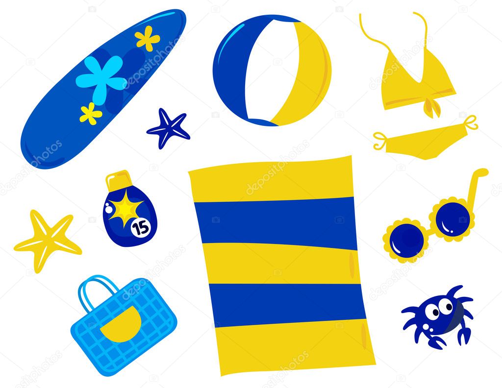 Summer and beach icons and accessories - retro ( yellow and blue