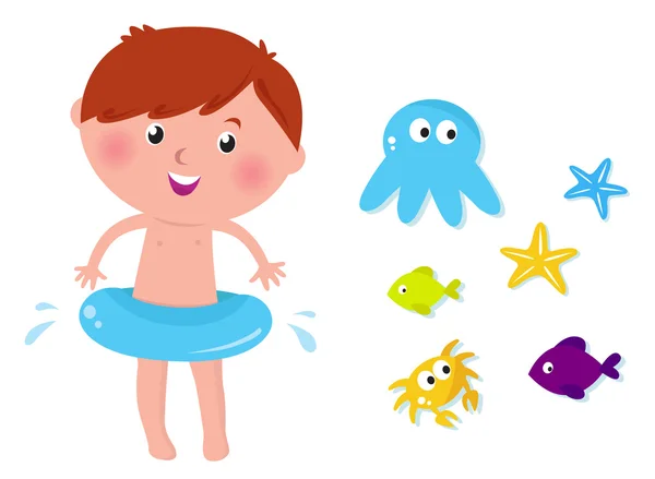 Cute swimming boy and sea animals - isolated on white background — Stock Vector