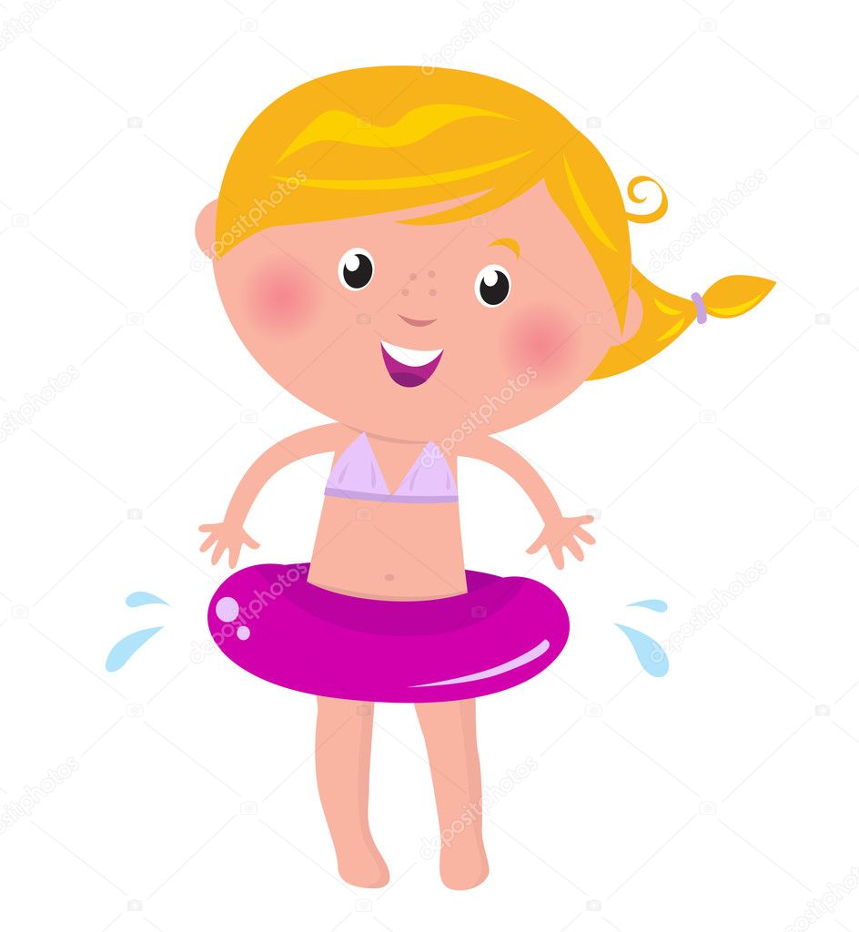 Cute happy blond girl with swimming ring - isolated on white