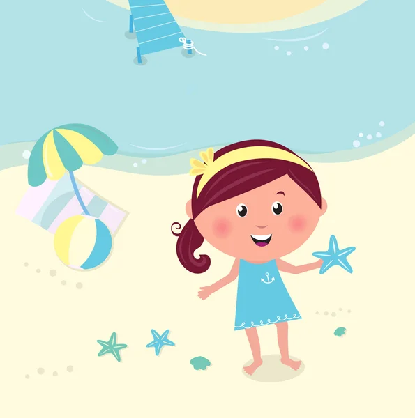 Happy smiling girl on the beach holding sea star — Stock Vector