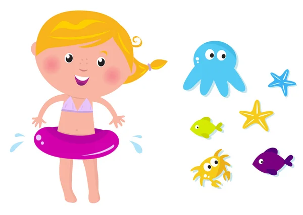 Cute swimmer girl and ocean animals icons — Stock Vector