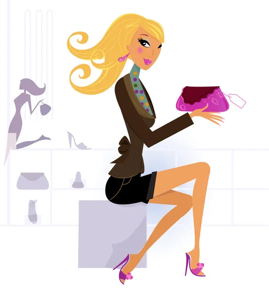 Belle femme blonde heureuse sac à provisions au centre commercial — Image vectorielle