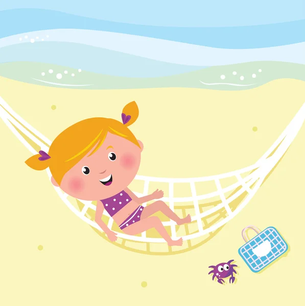 Chica belleza feliz relajarse en la hamaca cerca de la playa — Archivo Imágenes Vectoriales