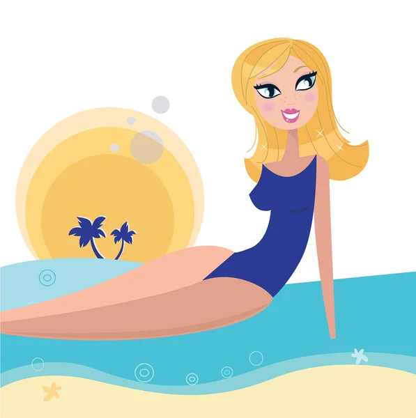 Ξανθιά γυναίκα κολύμβησης και τον ήλιο μαύρισμα στην παραλία — Διανυσματικό Αρχείο