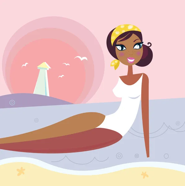 Καλοκαίρι γυναίκα που βρίσκεται στο νερό της θάλασσας, κοντά στην παραλία — Διανυσματικό Αρχείο