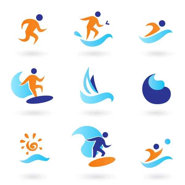 Summer swimming and surfing icons - blue, orange — Stock Vector