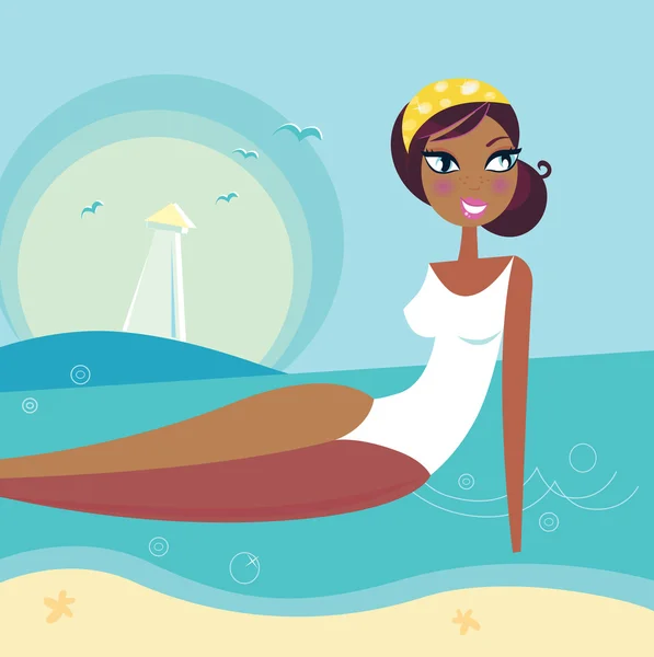 Retro playa verano chica relajante en el agua de mar — Vector de stock
