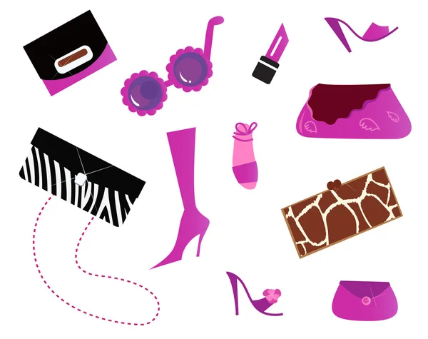 Women icons and accessories - bags and shoes ( pink ) — Stock Vector