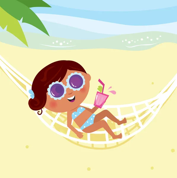 Chica de piel oscura con bebida de verano tumbado en una hamaca en la playa — Archivo Imágenes Vectoriales