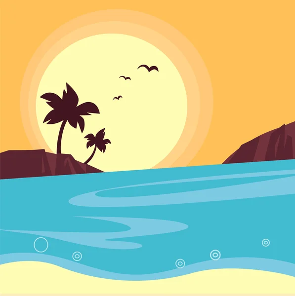 Καλοκαίρι & ταξιδεύουν: σιλουέτα του ηλιοβασιλέματος παραλία - ρετρό — Διανυσματικό Αρχείο