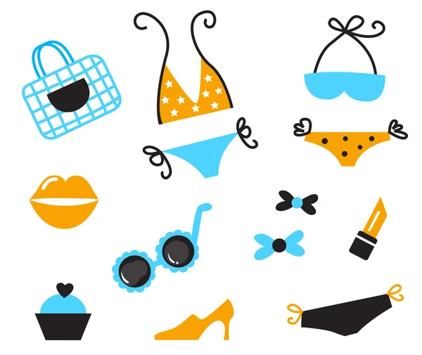Retro bikini icons and accessories isolated on white - blue, ora — Stock Vector