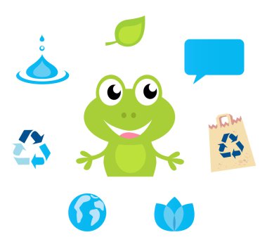 Cute green Frog character, Ecology, Nature and Water icons and s clipart