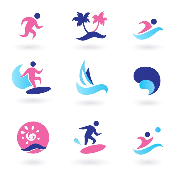 Deportes acuáticos, vacaciones e iconos exóticos - rosa y azul — Vector de stock