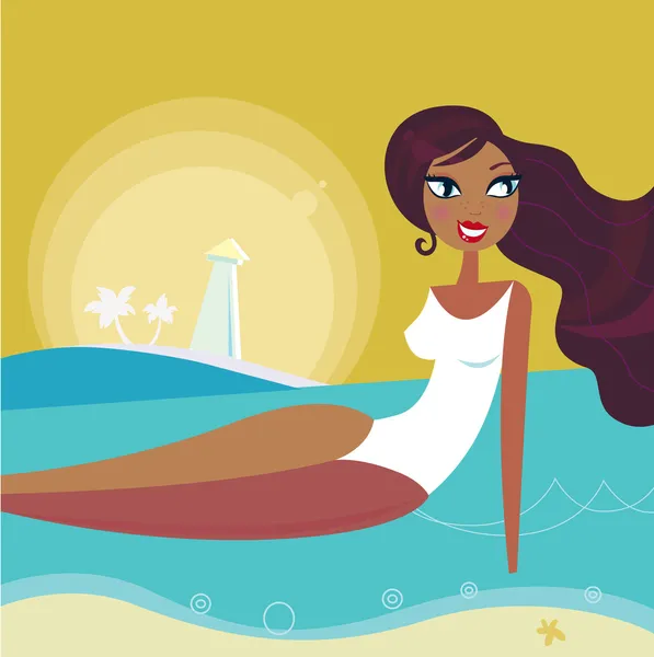 Ηλιοβασίλεμα, τη θάλασσα και καλοκαίρι γυναίκα ήλιο μαύρισμα στην παραλία - ρετρό — Διανυσματικό Αρχείο