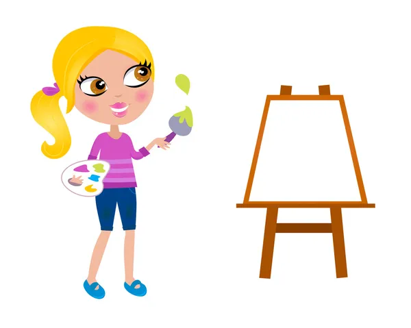 Cartoon happy little Painter girl with paint brush — Stock Vector