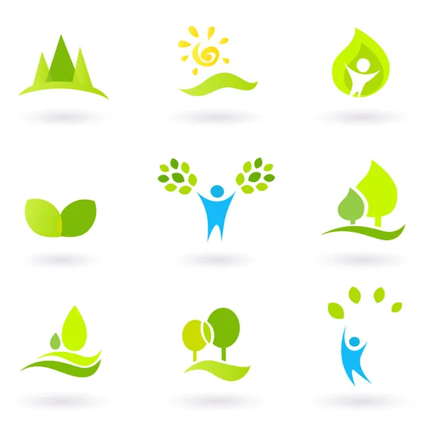 Árbol, hojas y ecología vector icono conjunto (azul y verde ) — Vector de stock