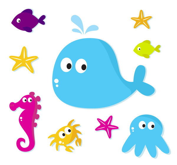 Cartoon Sea fishes and animals icons isolated on white backgroun