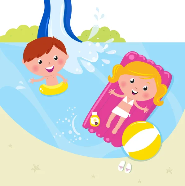 夏天和度假: 两个孩子在游泳池里游泳 — 图库矢量图片