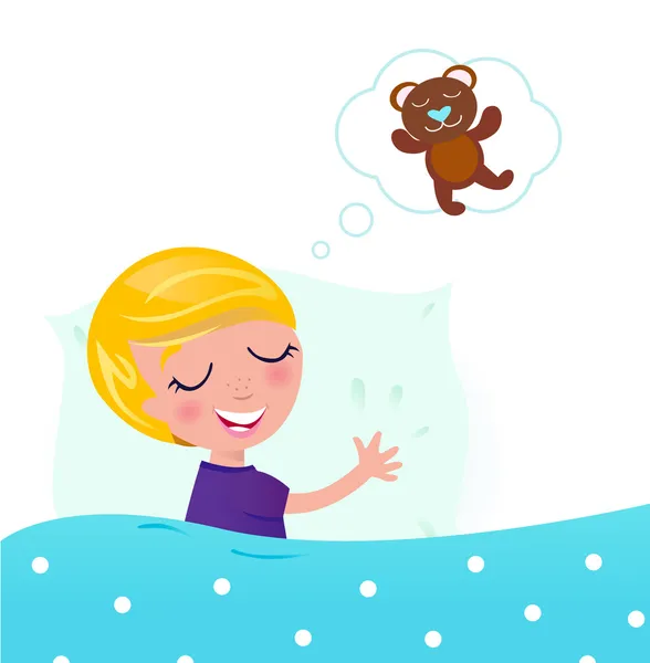 Cute blond child sleeping and dreaming about Teddy Bear — Stock Vector